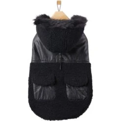 Frisco Medium Weight Faux Leather Dog & Cat Parka With Faux Fur Trimmed Hood, Black -Pet Supplies Store 719798 PT3. AC SS1800 V1692978853