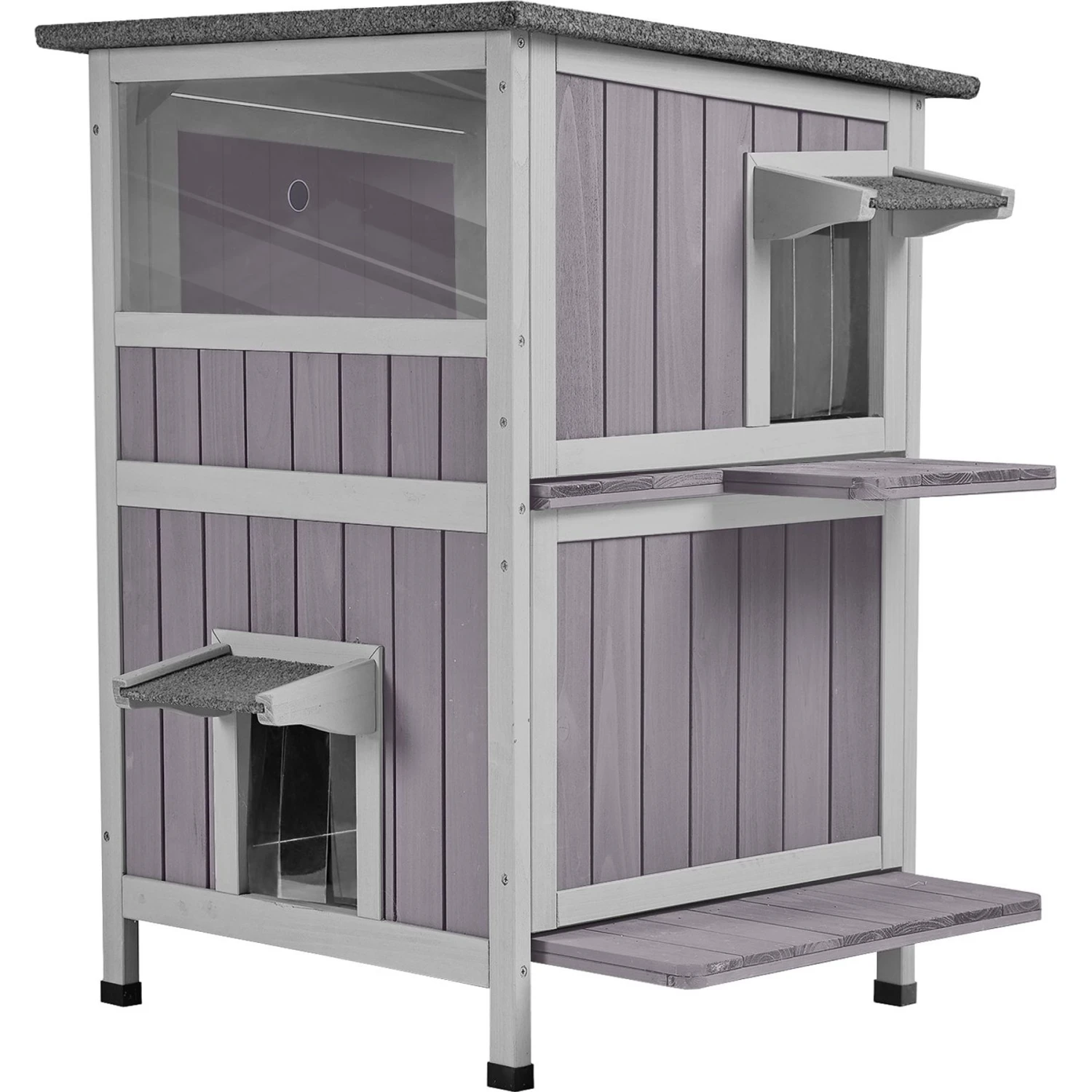 Aivituvin AIR14-1 Two Tier Wooden Cat House With Waterproof Roof & Door Flaps, Grey, Small 3 Aivituvin AIR14-1 Two Tier Wooden Cat House With Waterproof Roof & Door Flaps, Grey, Small