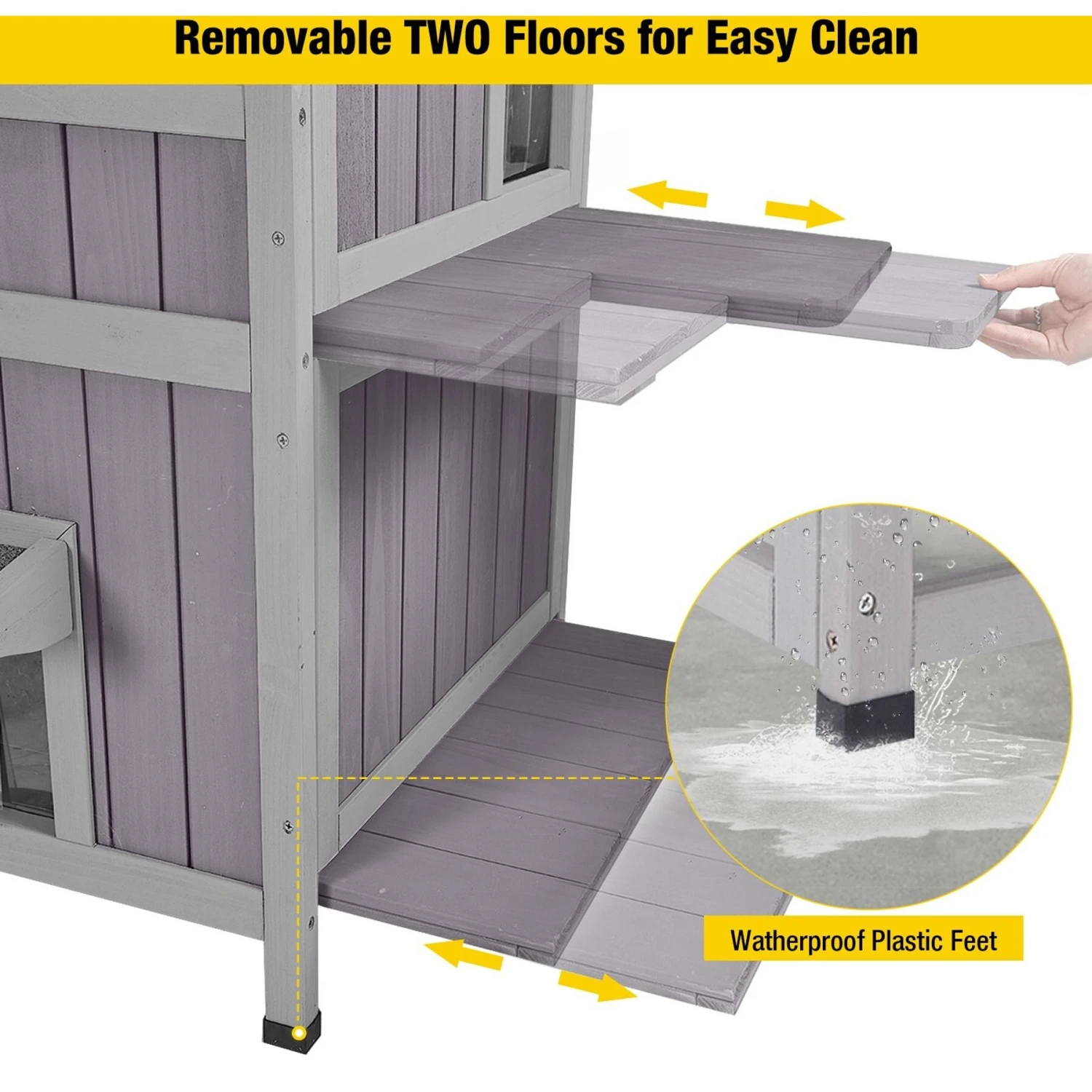 Aivituvin AIR14-1 Two Tier Wooden Cat House With Waterproof Roof & Door Flaps, Grey, Small 5 Aivituvin AIR14-1 Two Tier Wooden Cat House With Waterproof Roof & Door Flaps, Grey, Small - Image 3