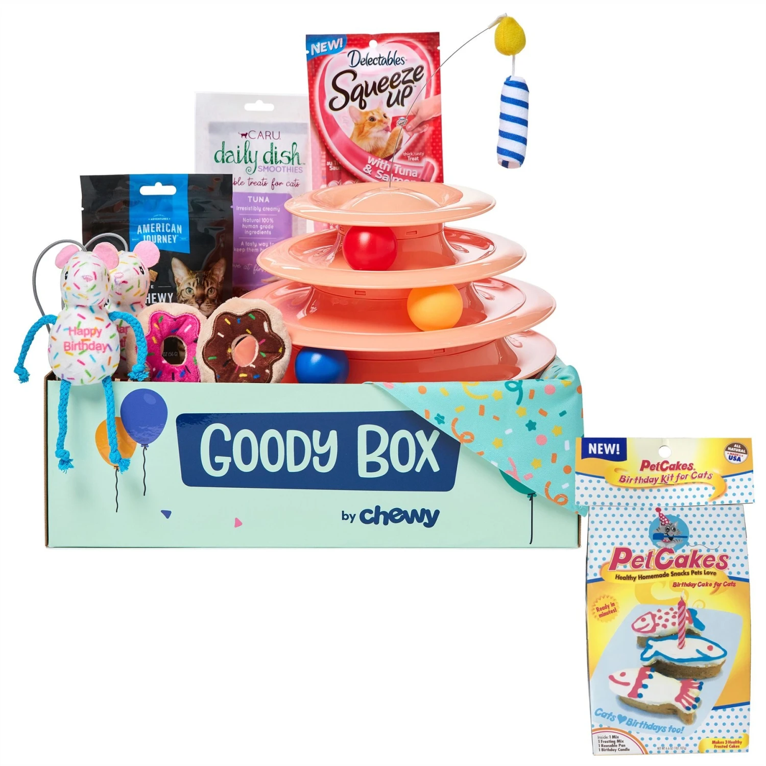 Goody Box Birthday Cat Toys, Treats & Collar & PetCakes Turkey Flavor Microwavable Birthday Cake Mix Kit With Fish Shaped Pan Cat Treats, 5-oz Bag 3 Goody Box Birthday Cat Toys, Treats & Collar & PetCakes Turkey Flavor Microwavable Birthday Cake Mix Kit With Fish Shaped Pan Cat Treats, 5-oz Bag